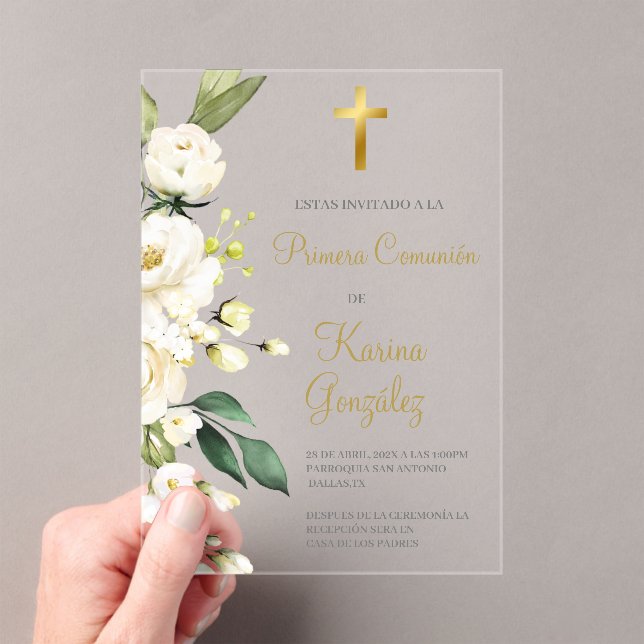 White floral Spanish First Communion Invite Acrylic Invitations (Insitu (Handheld))