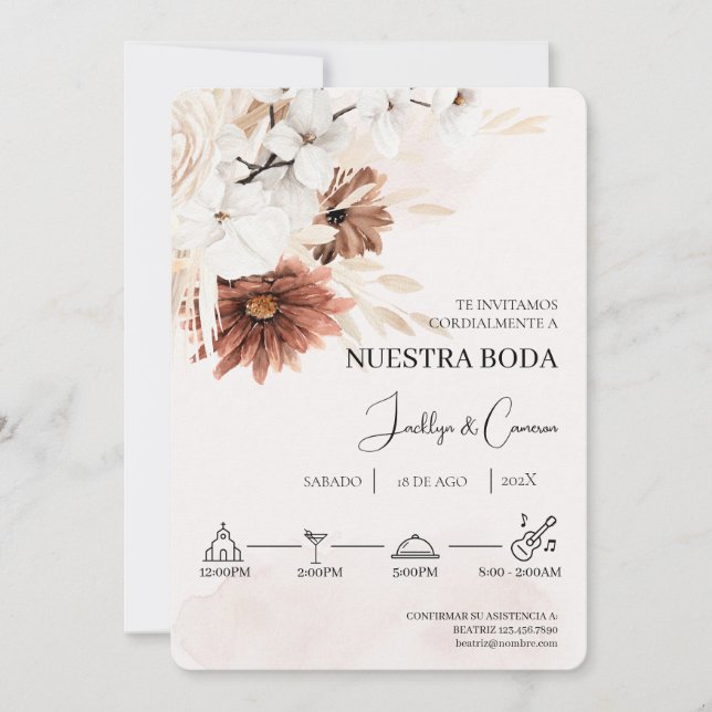 White Floral Spanish Wedding Invitation (Front)