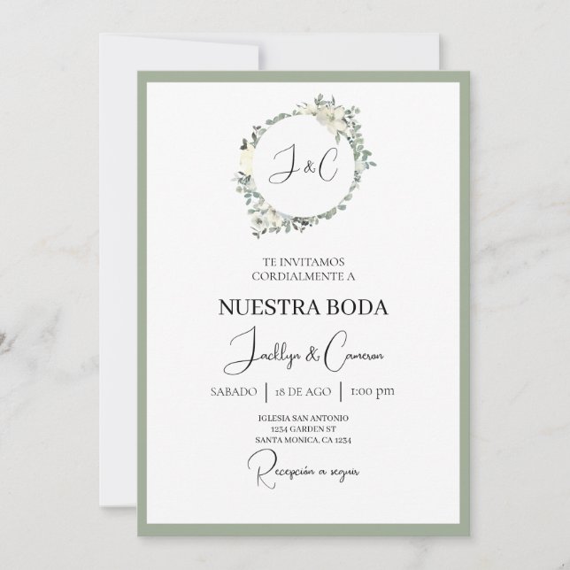 White Floral Spanish Wedding Invitation (Front)