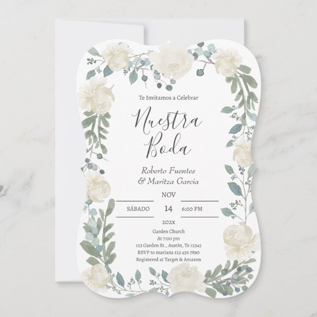 White Floral Spanish Wedding Invitation (Front)
