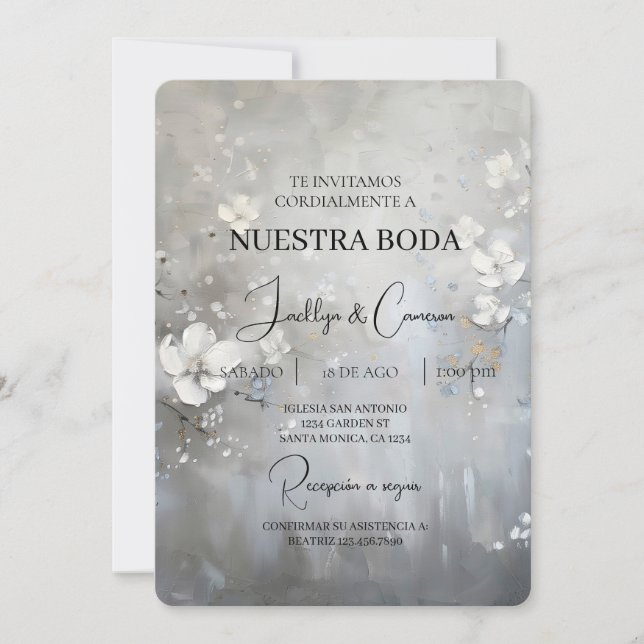 White Floral Spanish Wedding Invitation (Front)