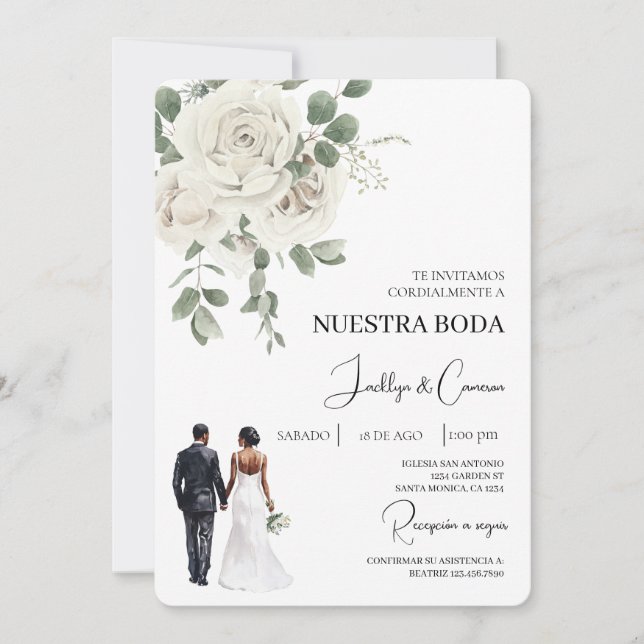 White Floral Spanish Wedding Invitation (Front)