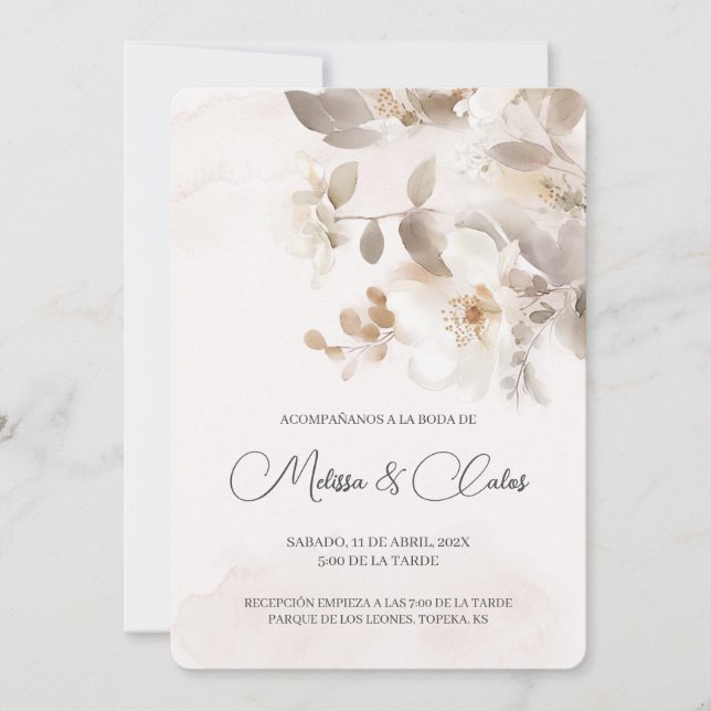 White floral Spanish Wedding Invitation (Front)