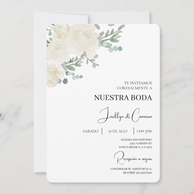 White Floral Spanish Wedding Invitation (Front)