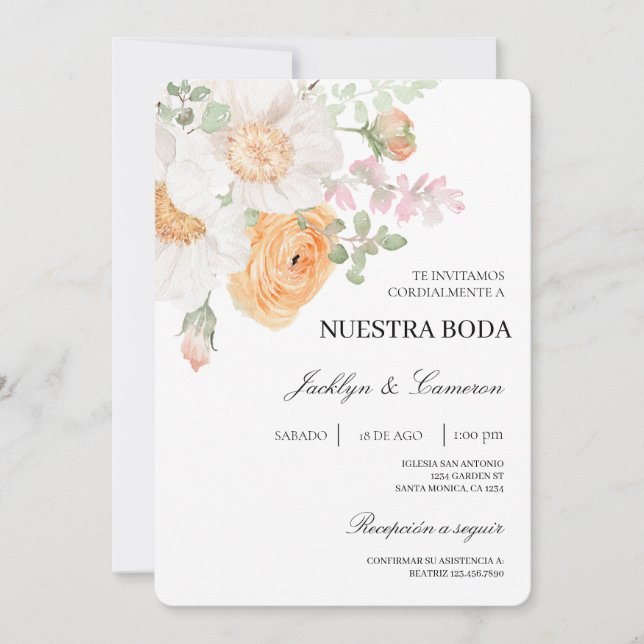 White Floral Spanish Wedding Invitation (Front)
