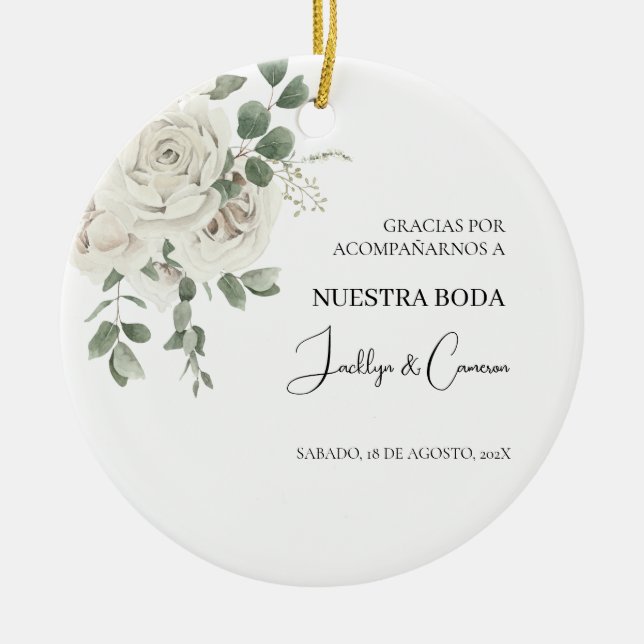 White Floral Spanish Wedding Invitation Ceramic Tree Decoration (Front)