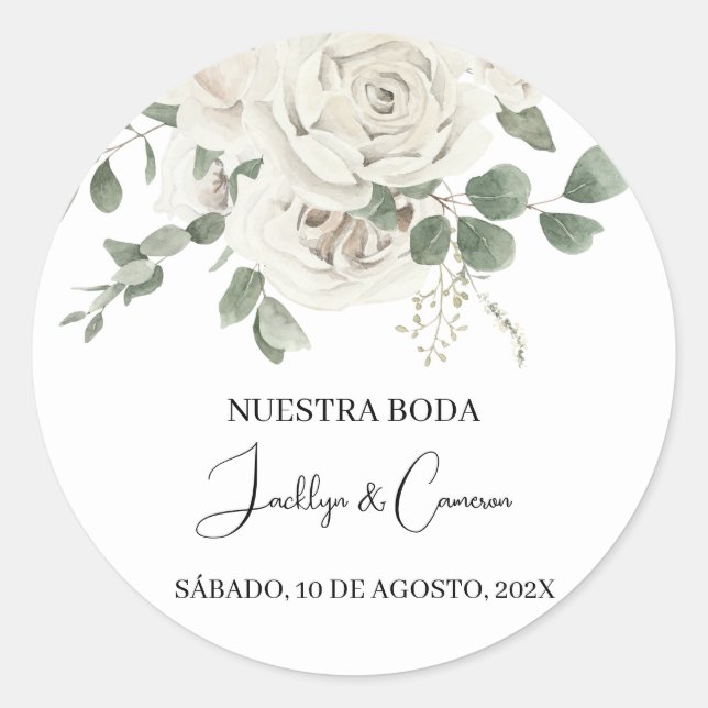 White Floral Spanish Wedding Invitation Classic Round Sticker (Front)