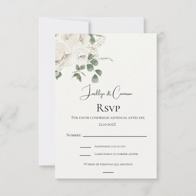 White floral Spanish Wedding RSVP card (Front)