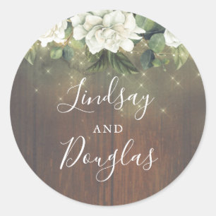 White Floral String Lights Rustic Romantic Classic Round Sticker