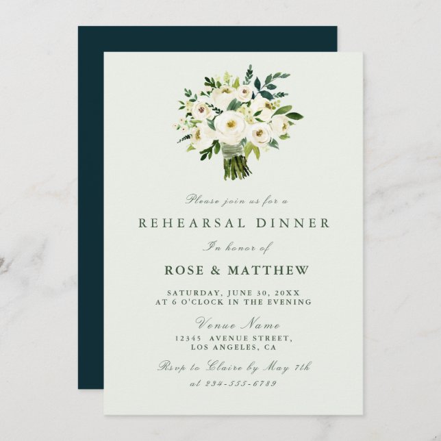 white floral summer rehearsal dinner invitation (Front/Back)