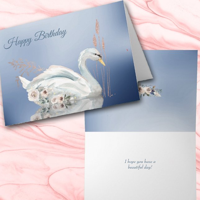 White Floral Swan Happy Birthday Card (Creator Uploaded)