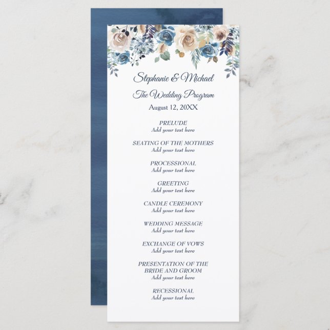 White Floral Swan on Blue Wedding Program Menu (Front/Back)