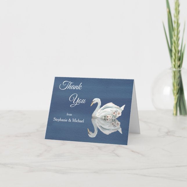 White Floral Swan on Blue Wedding Thank You Card (Front)