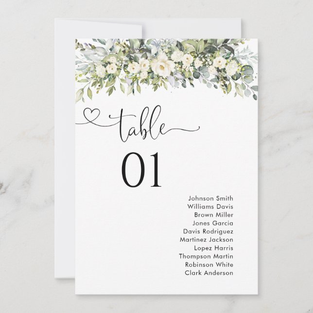 White Floral Table Number Seating Chart (Front)