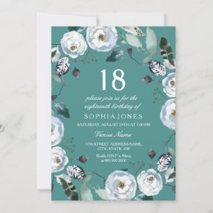 White Floral Teal Green 18th Birthday Invitation