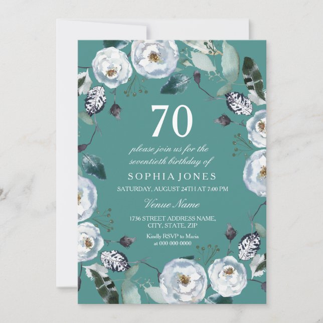 White Floral Teal Green 70th Birthday Invitation (Front)