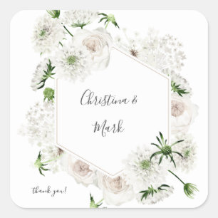White Floral Thank You Square Sticker