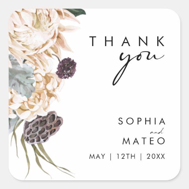 White Floral Thank You Wedding Square Sticker (Front)