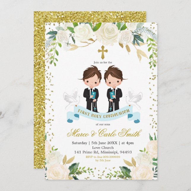 White Floral Twin Boy First Holy Communion Invitation (Front/Back)