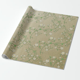 White floral Vine on Gold Wrapping Paper