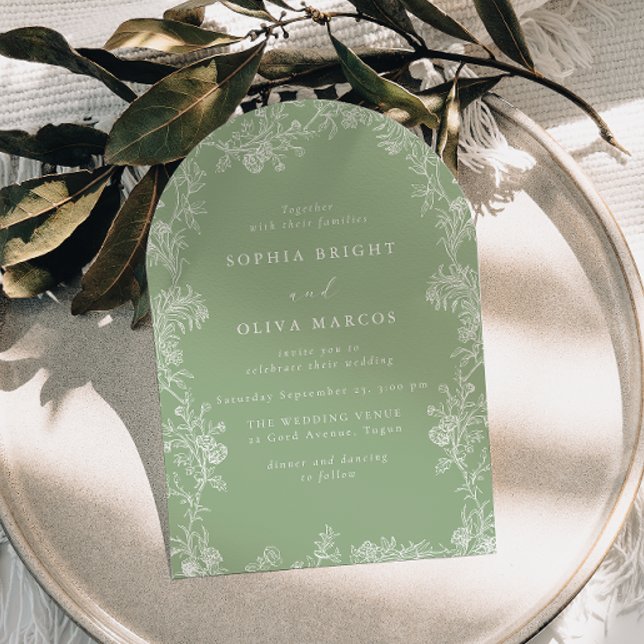 White Floral Vintage Sage Green Wedding Invitation (Creator Uploaded)