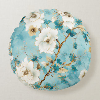 White Floral Vintage Watercolor, Blue Round Cushion