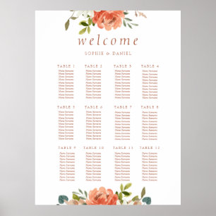 White Floral Watercolor 12 Table Wedding Poster