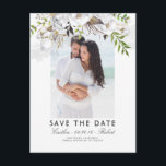 White Floral Watercolor Photo Save the Date Announcement Postcard<br><div class="desc">White and gold floral elegant photo save the date postcards</div>