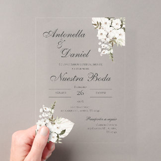 White Floral wedding acrylic invitation Spanish