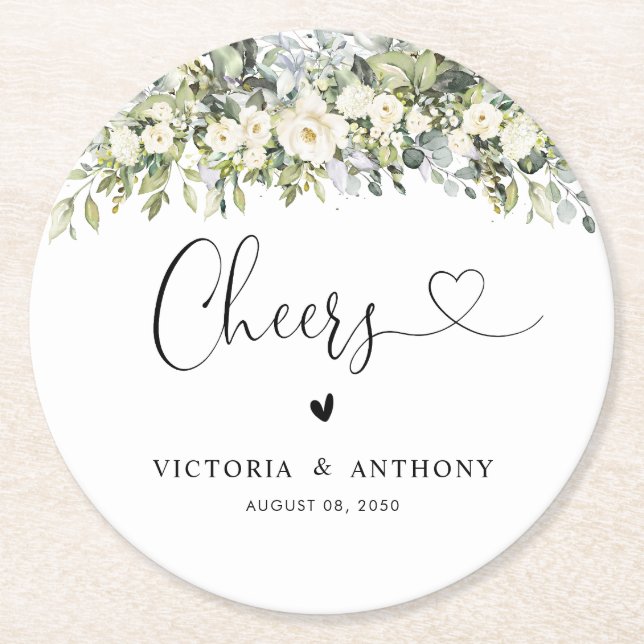 White Floral Wedding Cheers Round Coaster (Front)