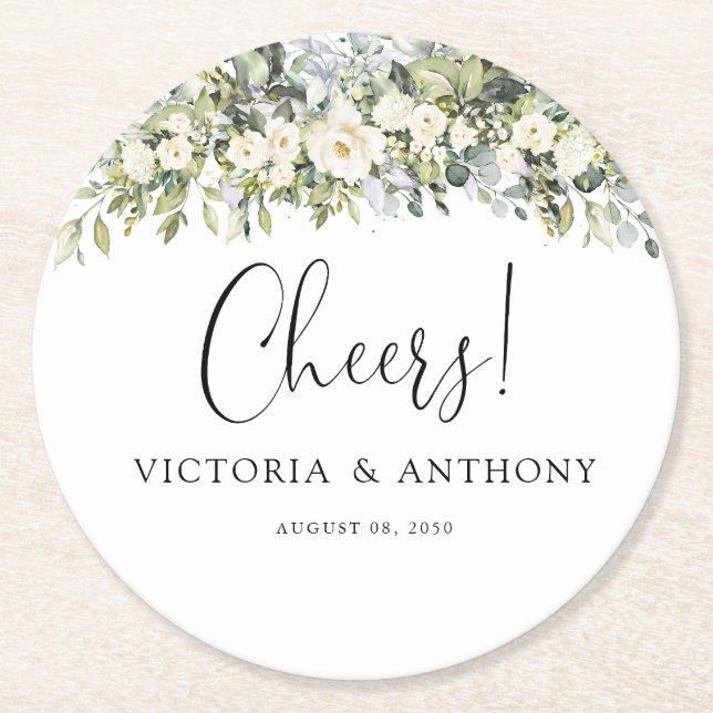 White Floral Wedding Cheers Round Coaster (Front)
