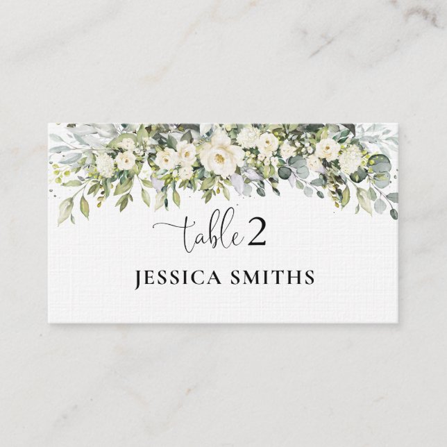 White Floral Wedding Folded Place Card (Front)