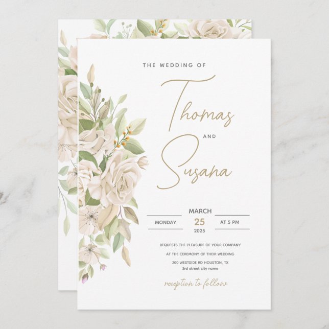 White Floral Wedding Invitation,  Greenery Wedding Invitation (Front/Back)