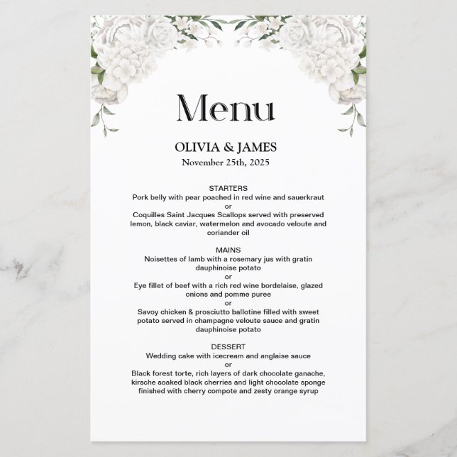 White Floral Wedding Menu (Front)