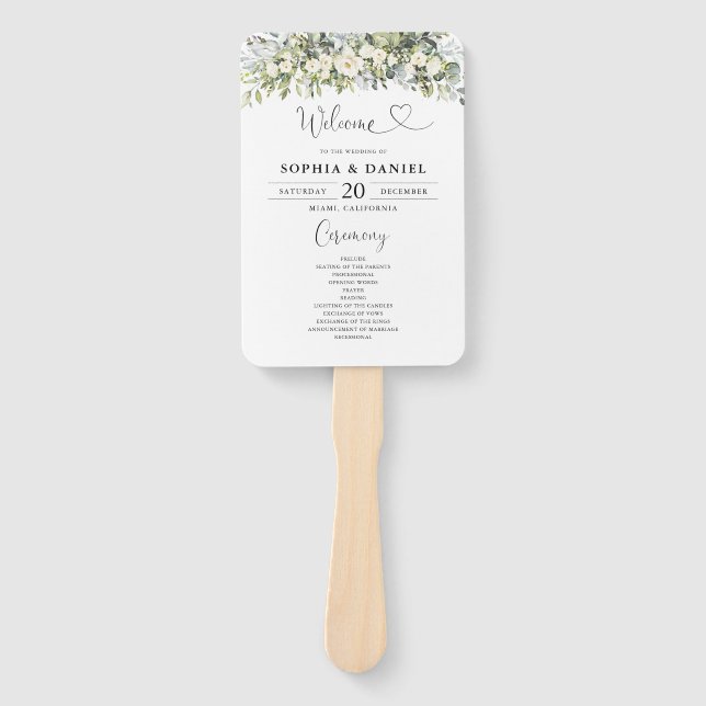 White Floral Wedding Program Hand Fan (Front)