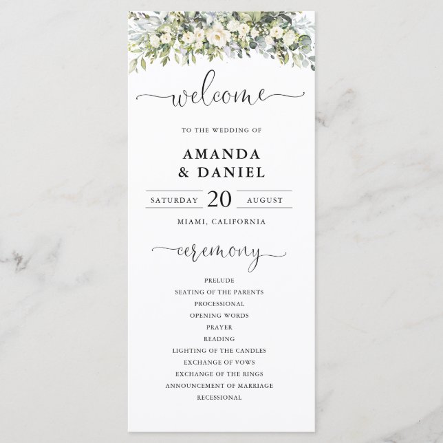 White Floral Wedding Program Programme (Front)