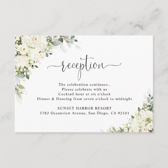 White Floral Wedding Reception Enclosure Card (Front)
