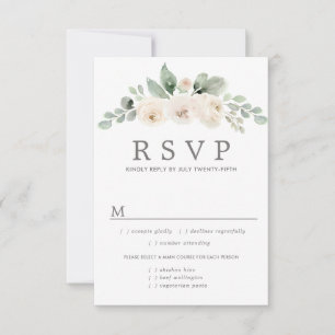 White Floral Wedding RSVP Card, Meal Options