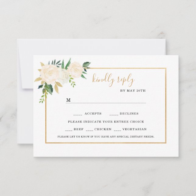 White Floral wedding rsvp with entree choices (Front)