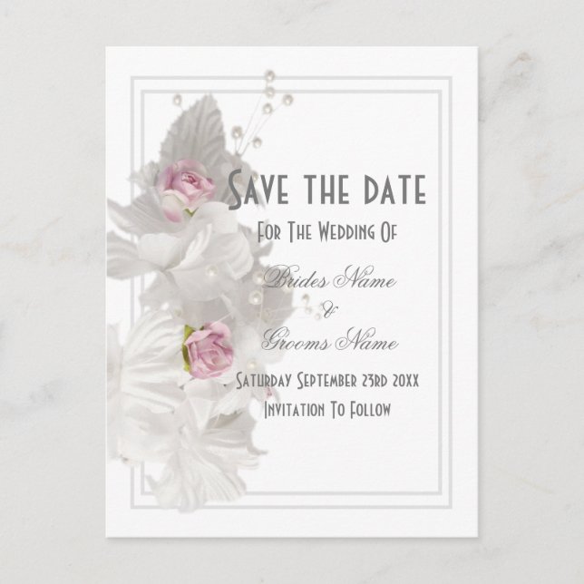 White floral wedding save the date announcement postcard (Front)
