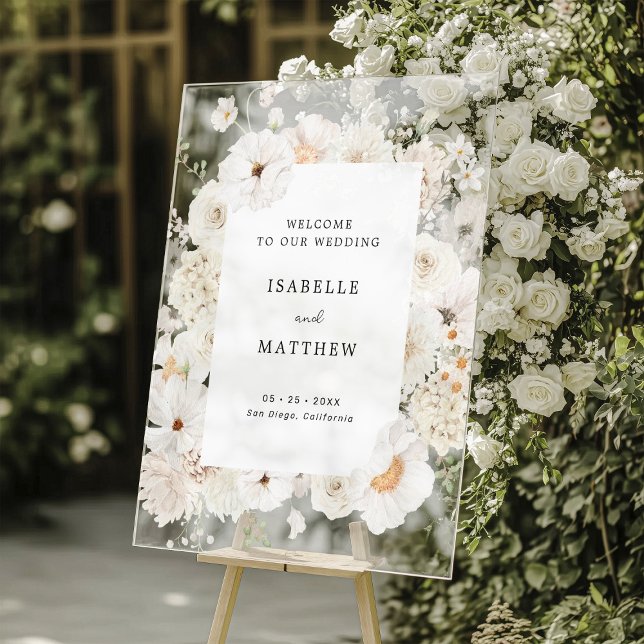 White Floral Wedding Welcome Acrylic Sign (Creator Uploaded)