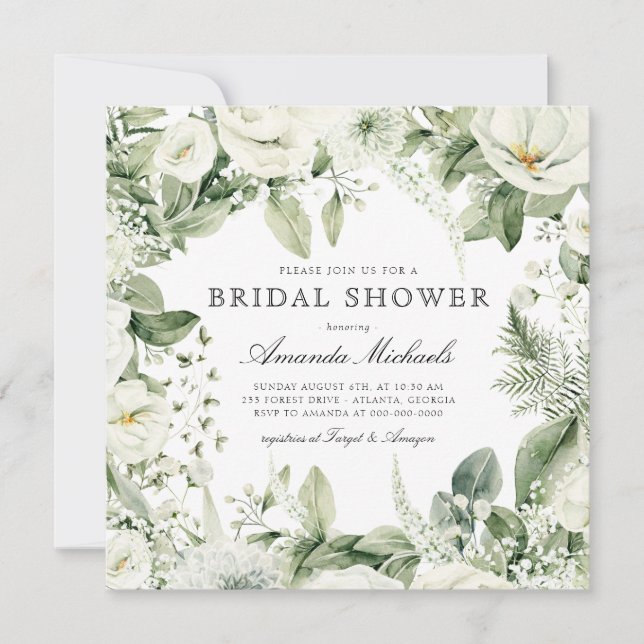 White Floral Winter Greenery Rustic Bridal Shower Invitation (Front)