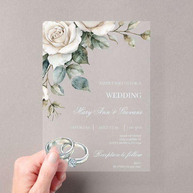 White Floral with gold ring Wedding Acrylic Invitations (Insitu (Handheld))