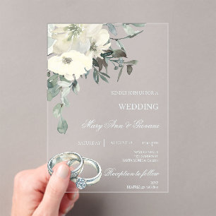 White Floral with gold ring Wedding Acrylic Invitations