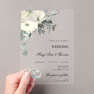 White Floral with gold ring Wedding Acrylic Invitations