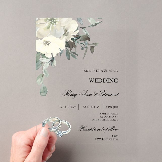 White Floral with gold ring Wedding Acrylic Invitations (Insitu (Handheld))