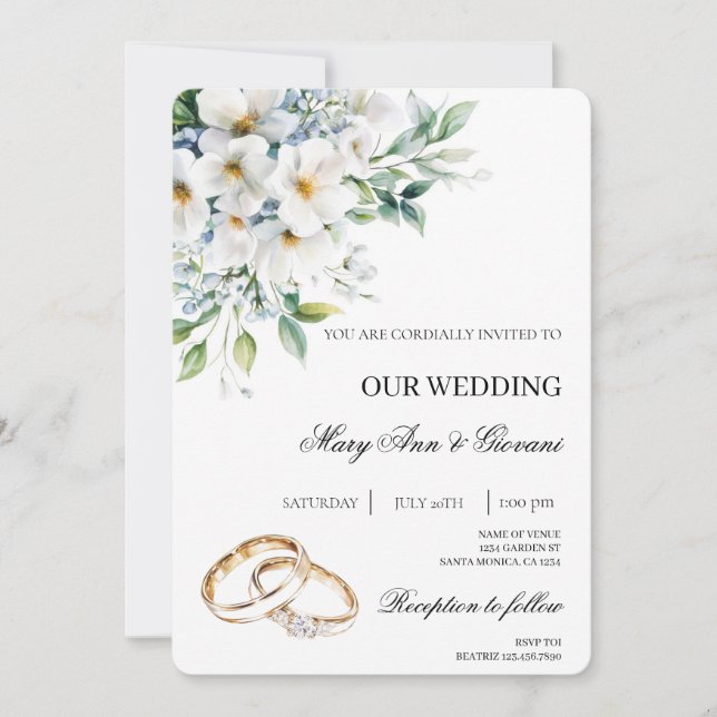 White Floral with gold ring Wedding Invitation (Front)