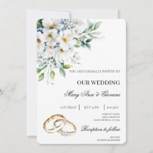 White Floral with gold ring Wedding Invitation