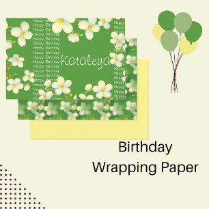 White Floral with green background birthday  Wrapping Paper Sheet