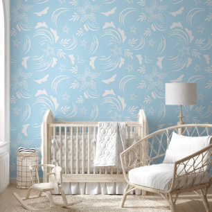 White Floral with Light Blue Background Wallpaper